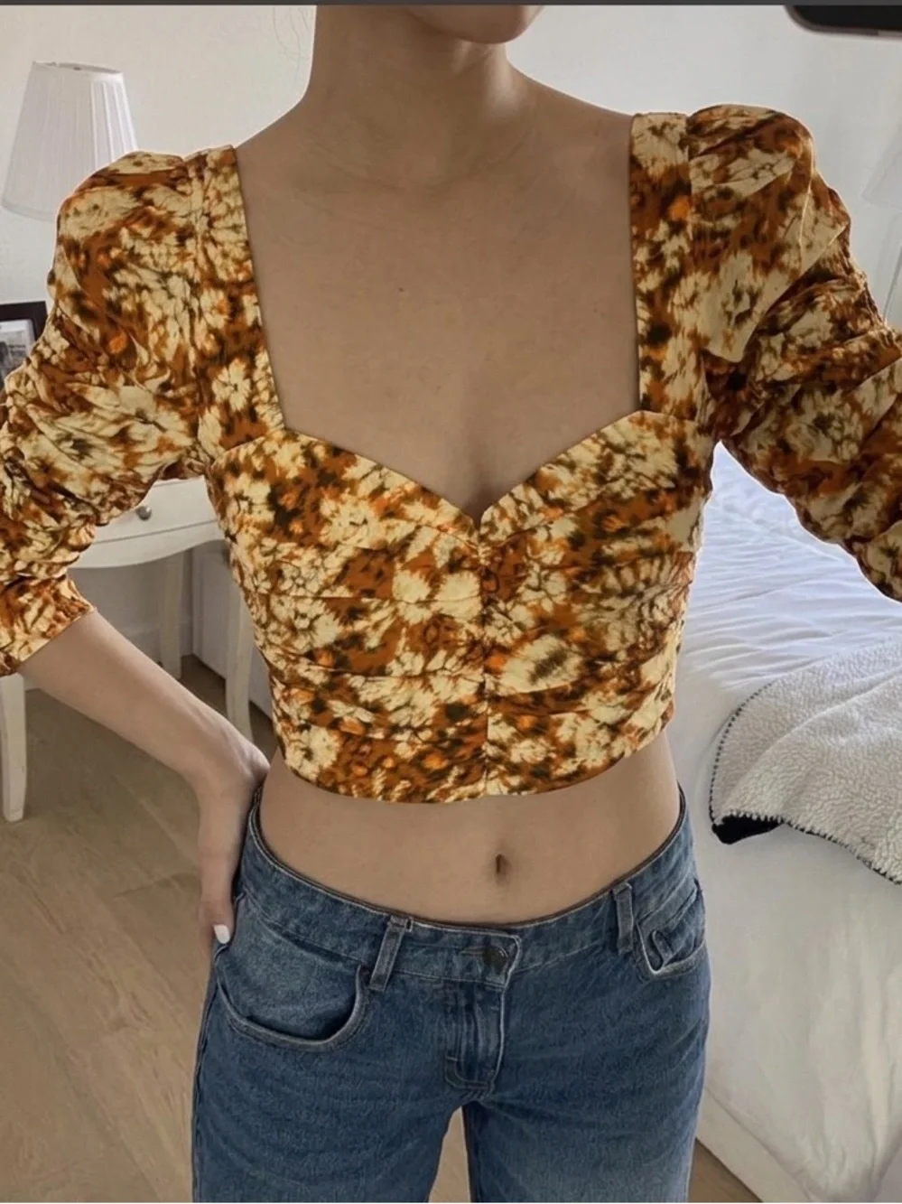 Zara Brown & Cream Tie-Dye Sweetheart Puff Crop Top - Picture 1 of 1